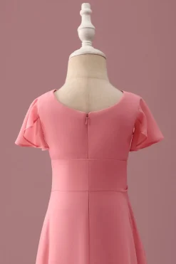Coral Chiffon mangas curtas uma linha vestido de dama de honra júnior com Bowknot