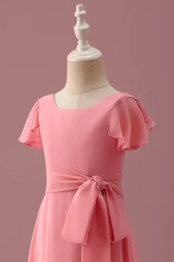 Coral Chiffon mangas curtas uma linha vestido de dama de honra júnior com Bowknot