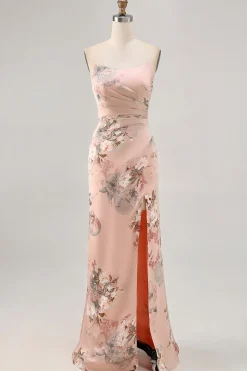Corar Flores Direto Bainha Longos Vestido Para Casamento Convidada com Fenda