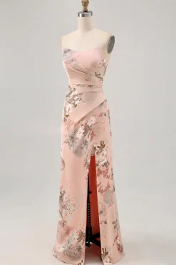 Corar Flores Direto Bainha Longos Vestido Para Casamento Convidada com Fenda