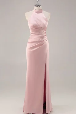 Corar Pescoço Alto Cetim Longo Vestido Para Casamento Convidada com Fenda