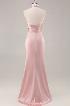Corar Pescoço Alto Cetim Longo Vestido Para Casamento Convidada com Fenda