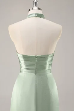 Corar Pescoço Alto Cetim Longo Vestido Para Casamento Convidada com Fenda