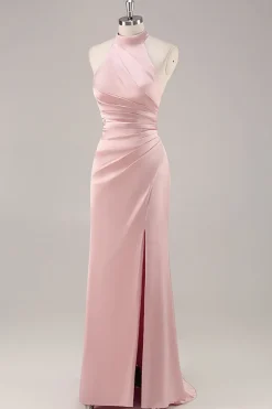 Corar Pescoço Alto Cetim Longo Vestido Para Casamento Convidada com Fenda