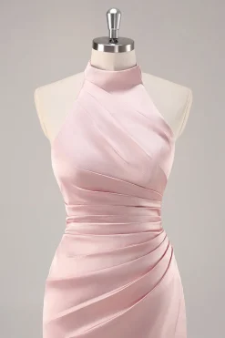 Corar Pescoço Alto Cetim Longo Vestido Para Casamento Convidada com Fenda