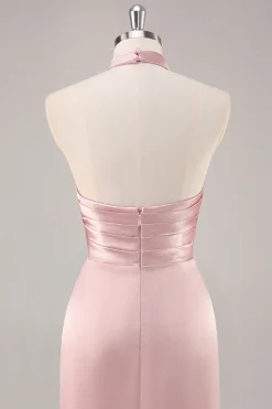 Corar Pescoço Alto Cetim Longo Vestido Para Casamento Convidada com Fenda