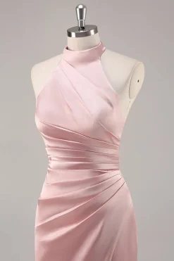 Corar Pescoço Alto Cetim Longo Vestido Para Casamento Convidada com Fenda