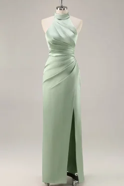 Corar Pescoço Alto Cetim Longo Vestido Para Casamento Convidada com Fenda