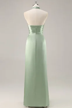 Corar Pescoço Alto Cetim Longo Vestido Para Casamento Convidada com Fenda