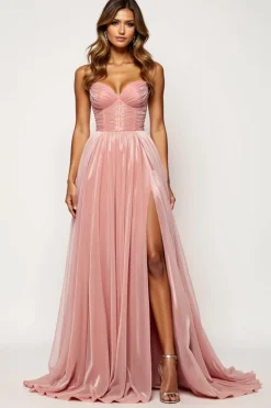 Corar Rosa Linha-A Sem Alças Longo Vestido De Baile com Fenda