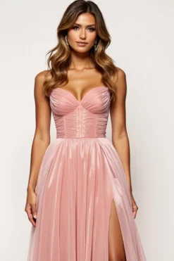 Corar Rosa Linha-A Sem Alças Longo Vestido De Baile com Fenda
