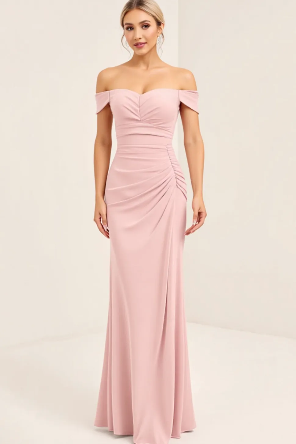 Corar Rosa Sem Ombros Bainha Ruched Longos Vestido Cerimónia
