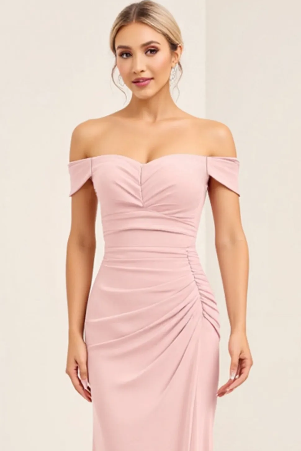 Corar Rosa Sem Ombros Bainha Ruched Longos Vestido Cerimónia