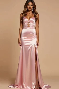 Corar Rosa Sereia Decote Em Coração Cetim Longo Vestido De Baile com Fenda