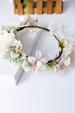 Coroa de flores de champanhe Garland Bride Headband com fita