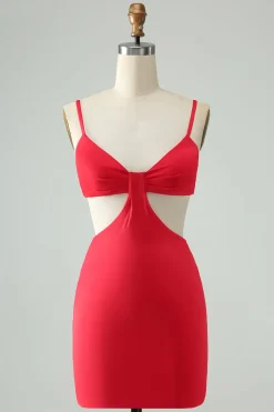 Correias de espaguete apertadas vermelhas ocas para fora vestido curto de volta para casa