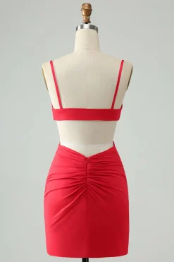 Correias de espaguete apertadas vermelhas ocas para fora vestido curto de volta para casa