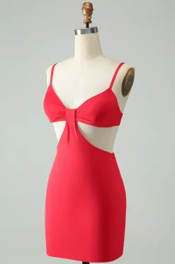 Correias de espaguete apertadas vermelhas ocas para fora vestido curto de volta para casa