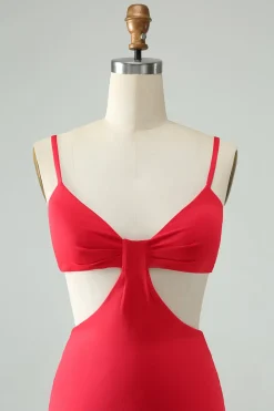 Correias de espaguete apertadas vermelhas ocas para fora vestido curto de volta para casa