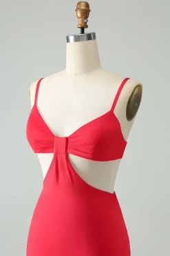 Correias de espaguete apertadas vermelhas ocas para fora vestido curto de volta para casa