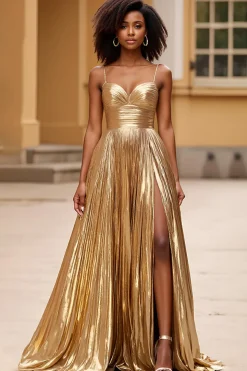 Correias de Espaguete de Ouro Glitter Long Prom Dress com Fenda
