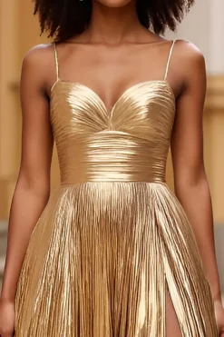 Correias de Espaguete de Ouro Glitter Long Prom Dress com Fenda