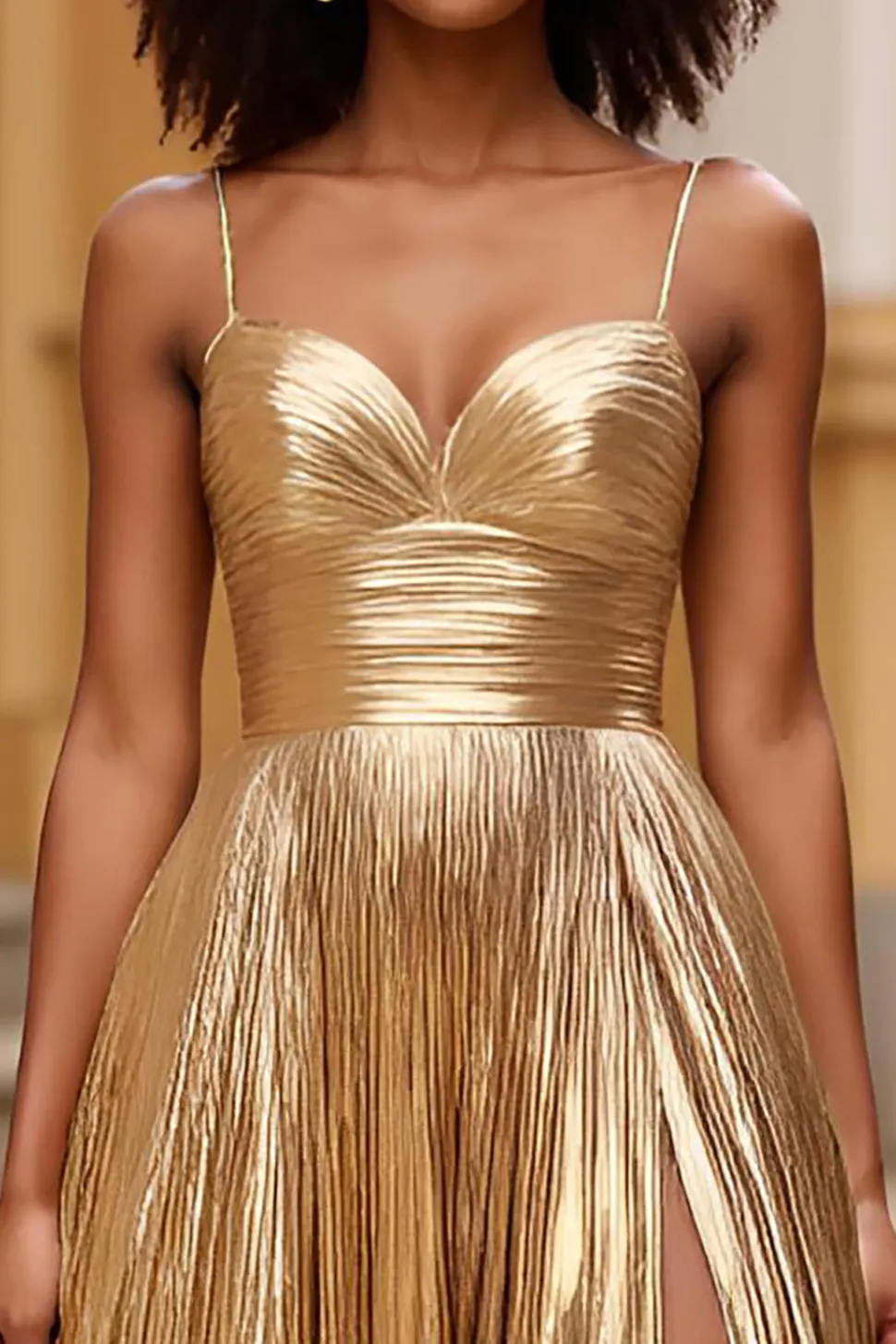 Correias de Espaguete de Ouro Glitter Long Prom Dress com Fenda