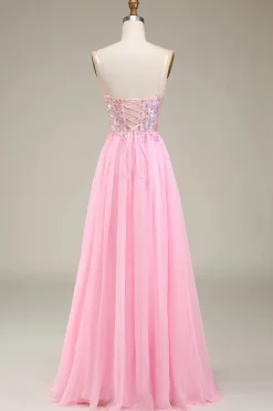 Correias de espartilho cor-de-rosa Vestido de baile de formatura de linha A com pregas
