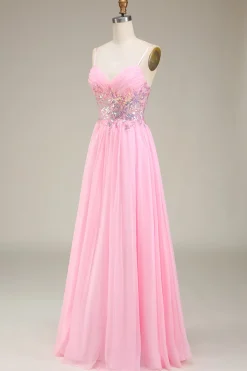 Correias de espartilho cor-de-rosa Vestido de baile de formatura de linha A com pregas