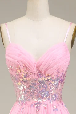 Correias de espartilho cor-de-rosa Vestido de baile de formatura de linha A com pregas