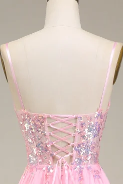 Correias de espartilho cor-de-rosa Vestido de baile de formatura de linha A com pregas