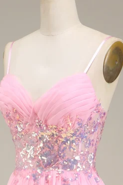 Correias de espartilho cor-de-rosa Vestido de baile de formatura de linha A com pregas