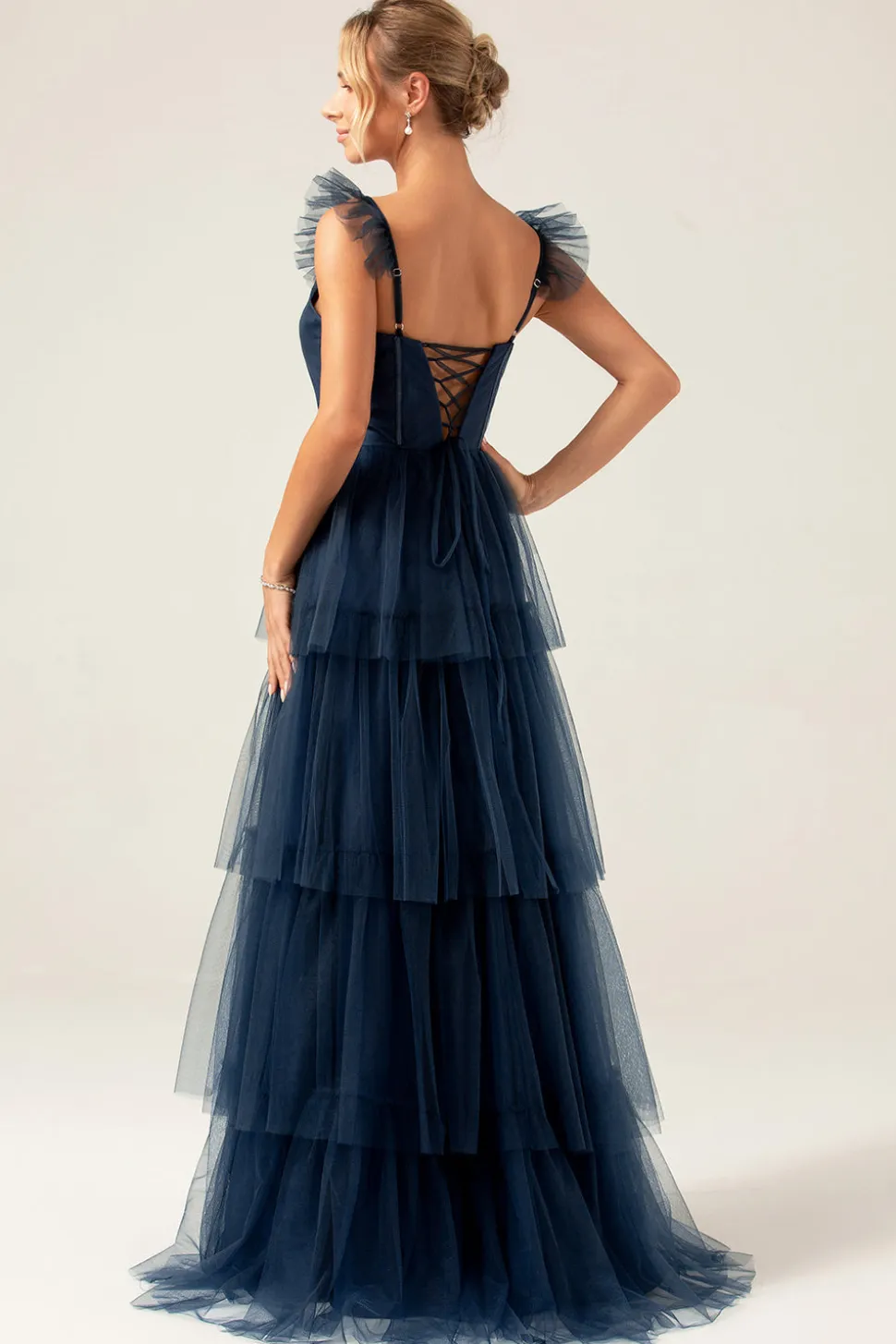 Correias Destacáveis A Line Navy Tiered Long Bridesmaid Dress