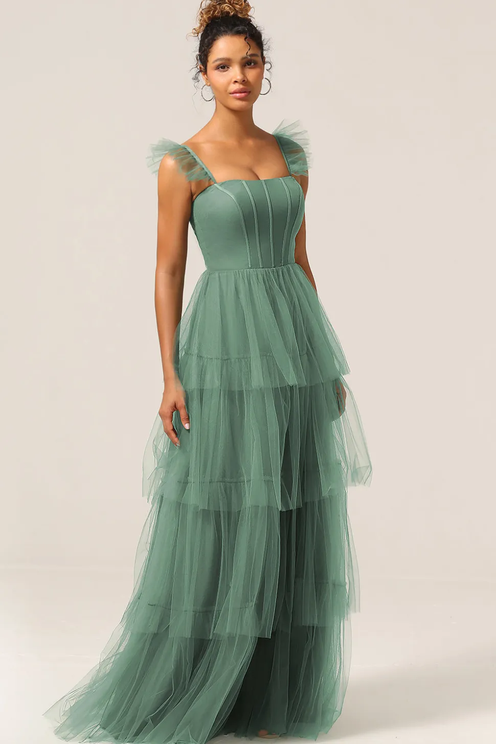 Correias Destacáveis A Line Navy Tiered Long Bridesmaid Dress