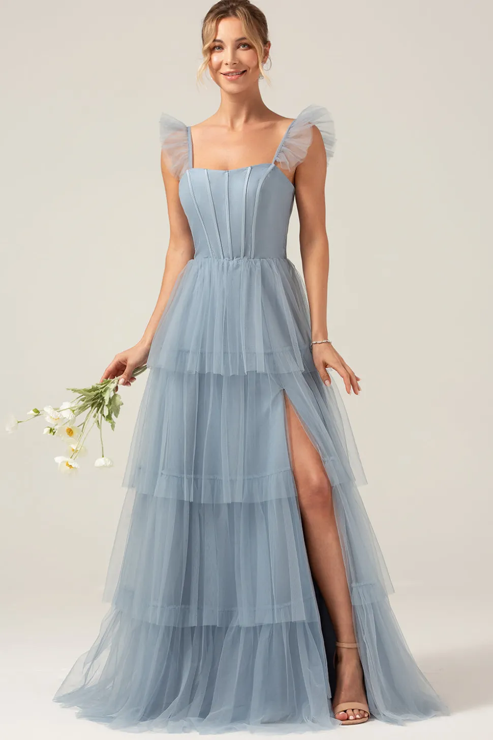 Correias Destacáveis A Line Navy Tiered Long Bridesmaid Dress