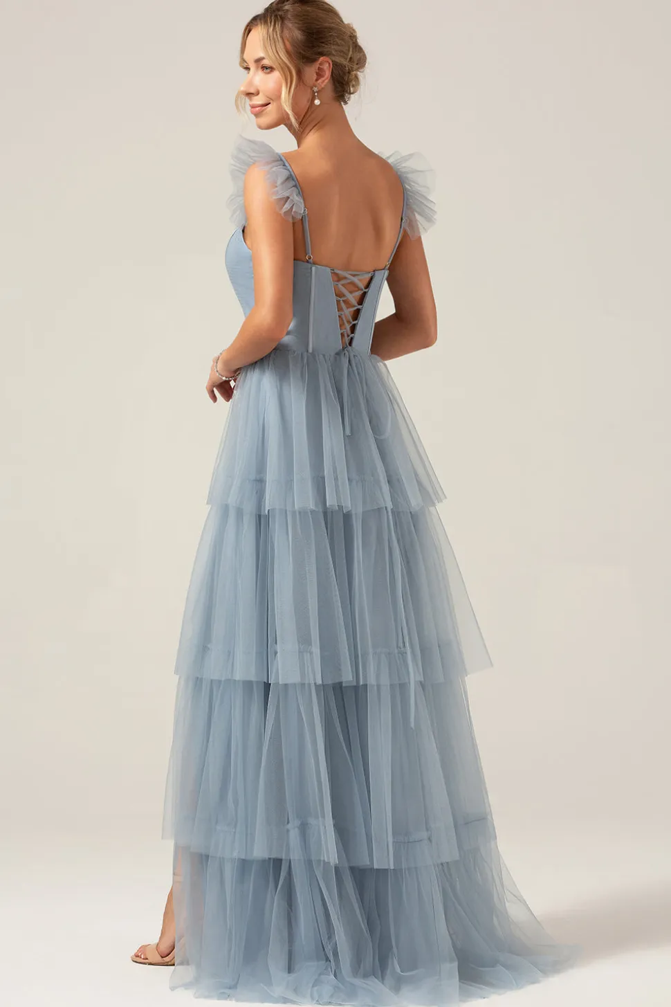 Correias Destacáveis A Line Navy Tiered Long Bridesmaid Dress
