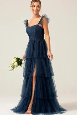 Correias Destacáveis A Line Navy Tiered Long Bridesmaid Dress