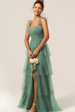 Correias Destacáveis A Line Navy Tiered Long Bridesmaid Dress