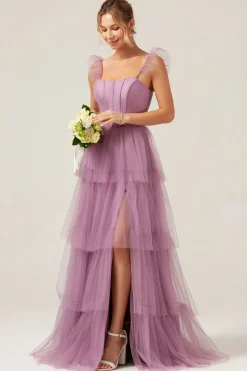 Correias Destacáveis Uma Linha Roxo Tiered Vestido longo de dama de honra
