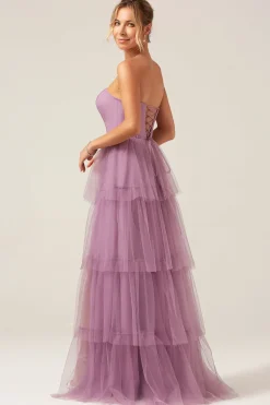 Correias Destacáveis Uma Linha Roxo Tiered Vestido longo de dama de honra
