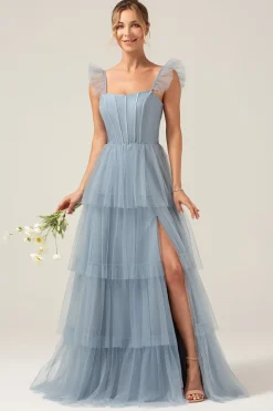 Correias Destacáveis Uma Linha Roxo Tiered Vestido longo de dama de honra