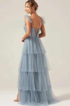 Correias Destacáveis Uma Linha Tiered Long Dusty Vestido Azul Madrinha