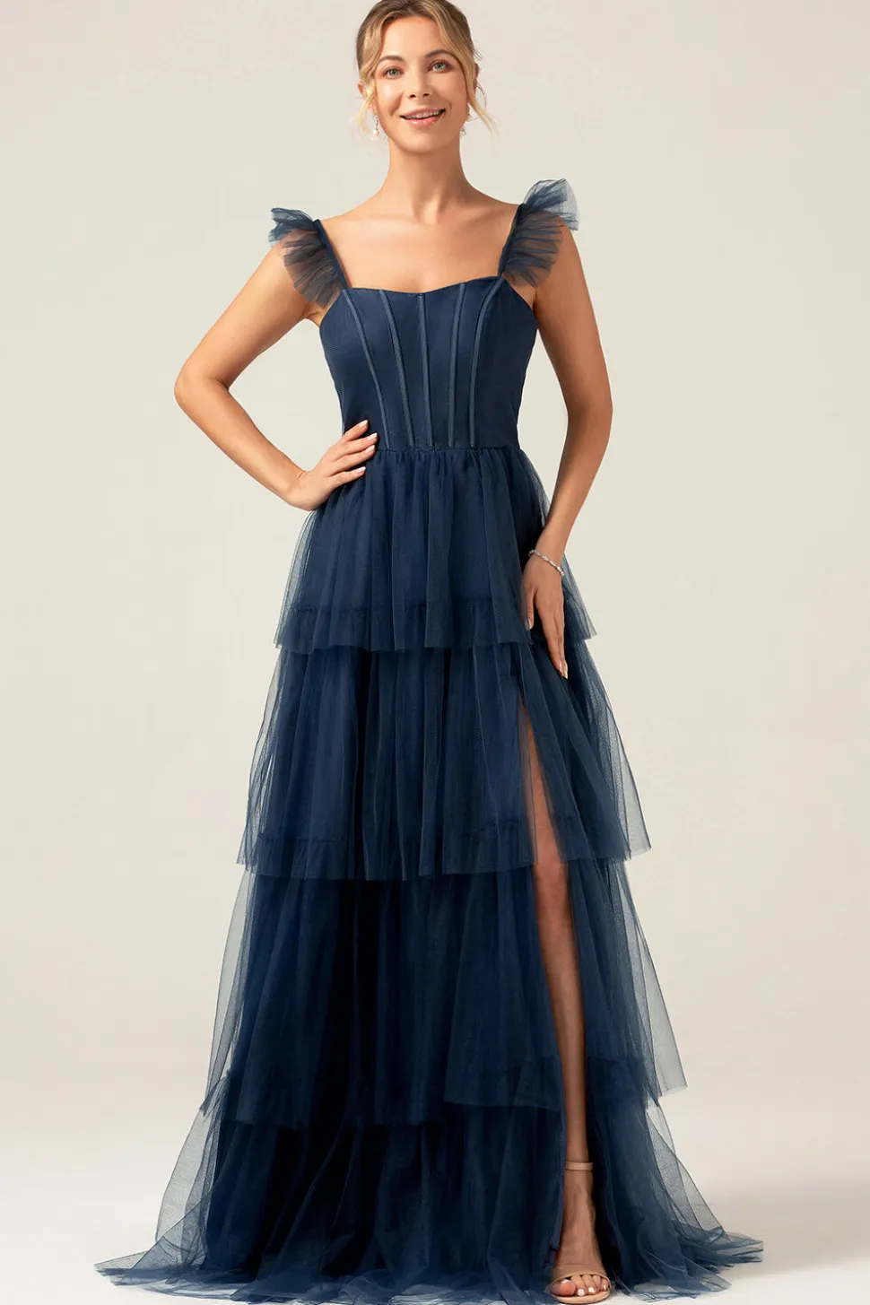 Correias Destacáveis Uma Linha Tiered Long Dusty Vestido Azul Madrinha