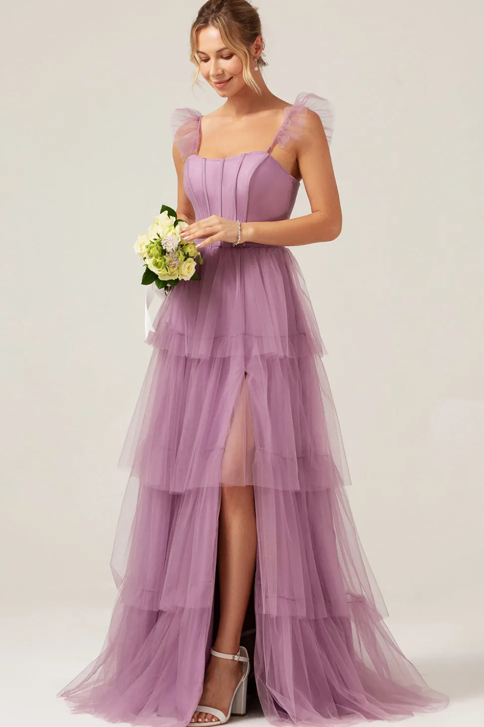 Correias Destacáveis Uma Linha Tiered Long Dusty Vestido Azul Madrinha