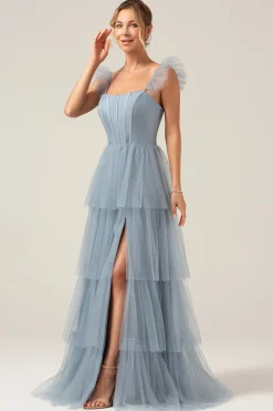 Correias Destacáveis Uma Linha Tiered Long Dusty Vestido Azul Madrinha