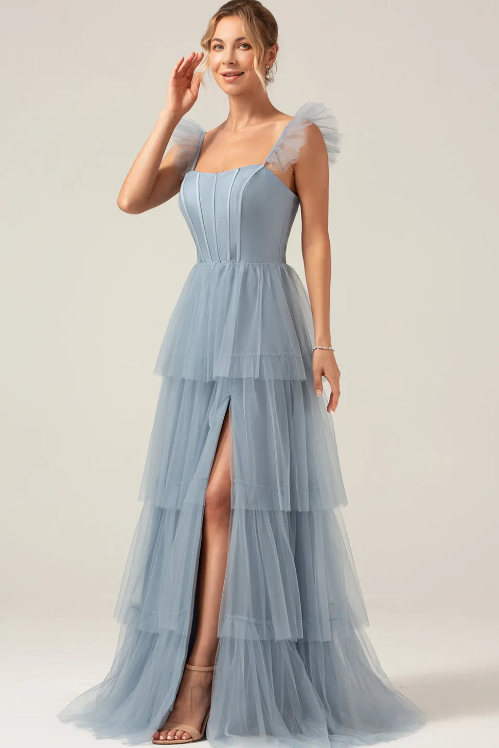 Correias Destacáveis Uma Linha Tiered Long Dusty Vestido Azul Madrinha