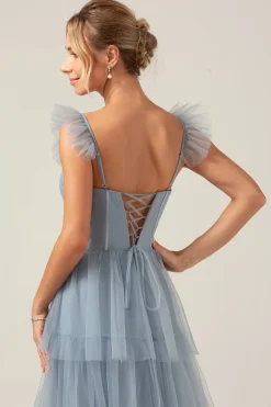 Correias Destacáveis Uma Linha Tiered Long Dusty Vestido Azul Madrinha