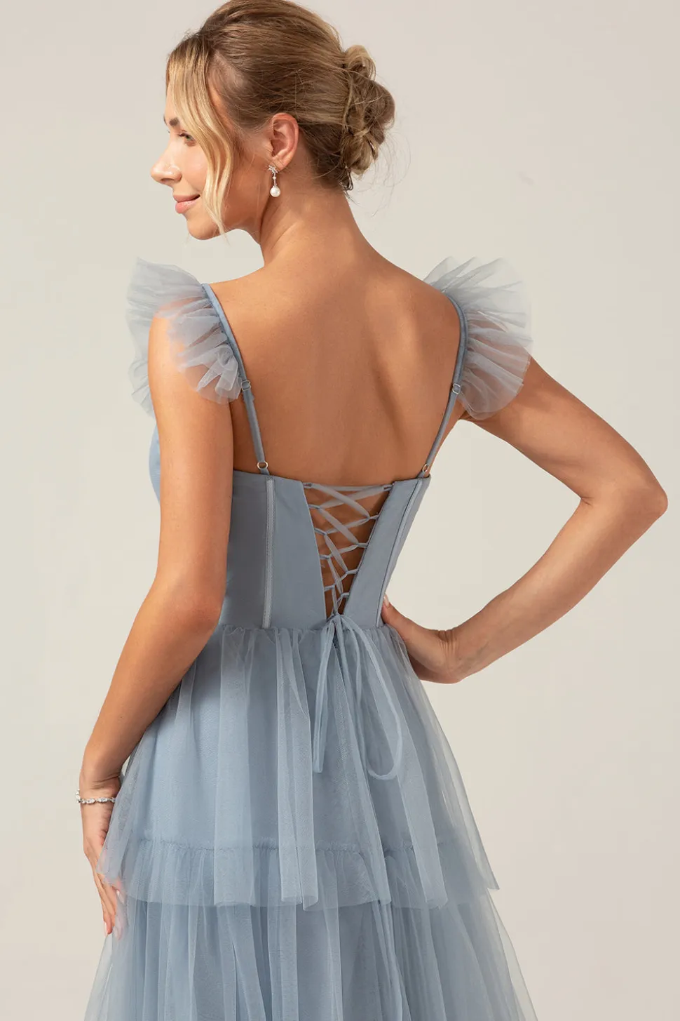 Correias Destacáveis Uma Linha Tiered Long Dusty Vestido Azul Madrinha
