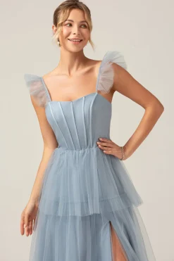 Correias Destacáveis Uma Linha Tiered Long Dusty Vestido Azul Madrinha