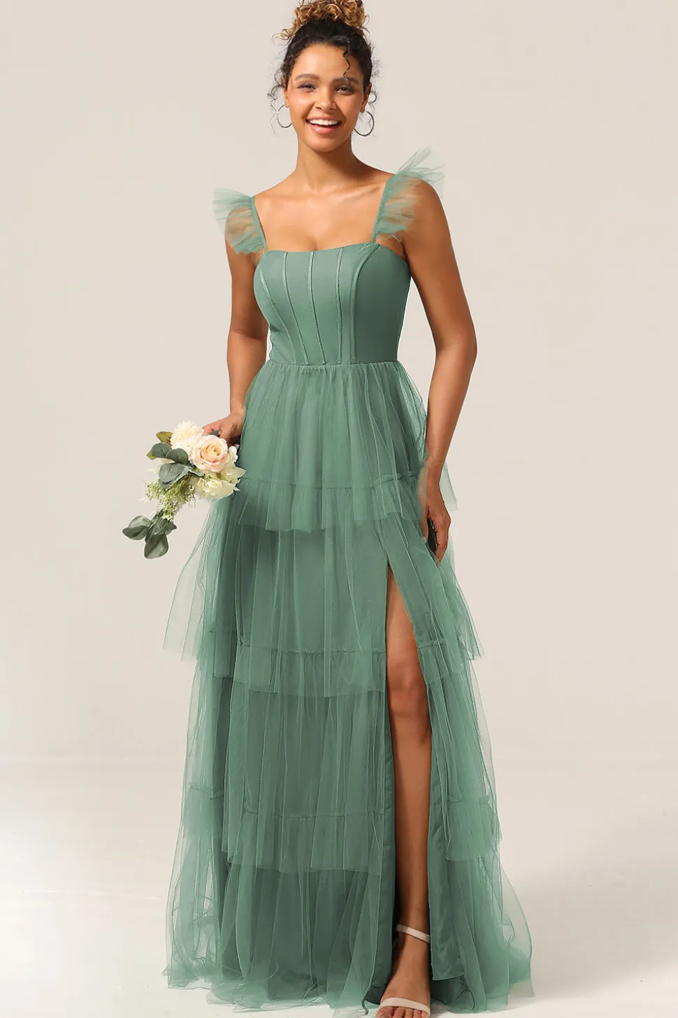 Correias Destacáveis Uma Linha Tiered Long Dusty Vestido Azul Madrinha